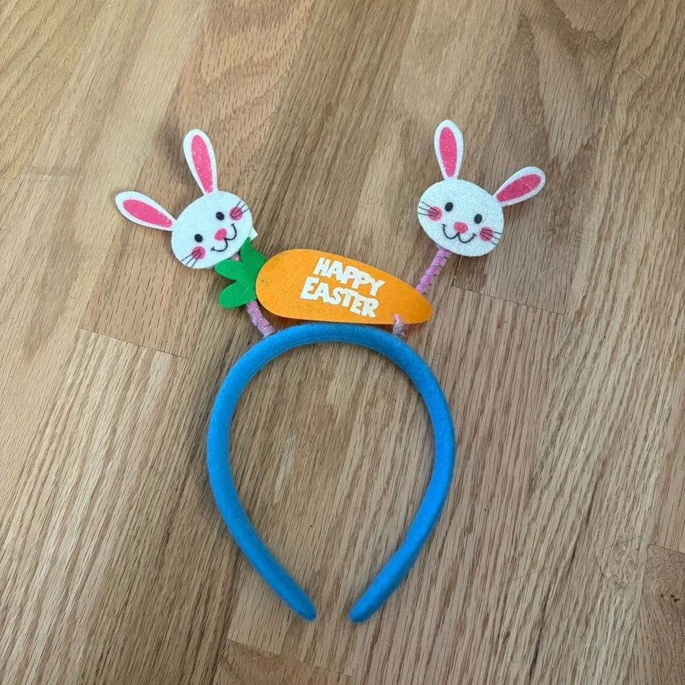 Bunny 'Happy Easter' Headband Kids Bouncy Antenna Blue Pink